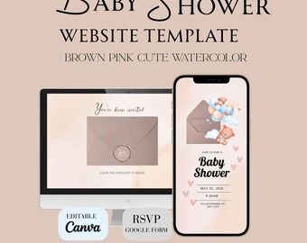 Modelo de site para chá de bebê editável no Canva, site digital para convites de chá de bebê com confirmação de presença, chá de bebê com tema de ursinho de pelúcia.