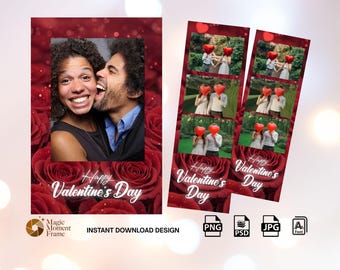 Valentine Photo Booth Vorlage, rote Rosen Hochzeit Photo Booth Rahmen, bearbeitbarer Blumen Photo Booth Streifen, Jubiläum Event Hintergrund