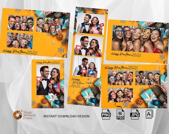 Frohes neues Jahr 2026 Fotoautomaten-Vorlage, NYE Fotoautomatenrahmen, moderne orangefarbene Neujahrsparty-Overlay, 2x6 und 4x6 Fotoautomat PNG und PSD