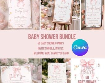 Rosa Schleifen-Babyparty-Spiele-Bundle, Kokette Babyparty-Einladung, 50 Mädchen-Babyparty-Spiele Canva, Bären-Warte-Set, Band-Blumendruck