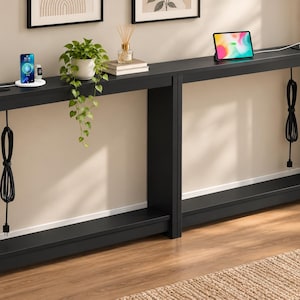 Narrow Console Table with USB Charging Station, Slim Wooden Entryway Table, Long Sofa Table Behind Couch, Modern Accent Furniture