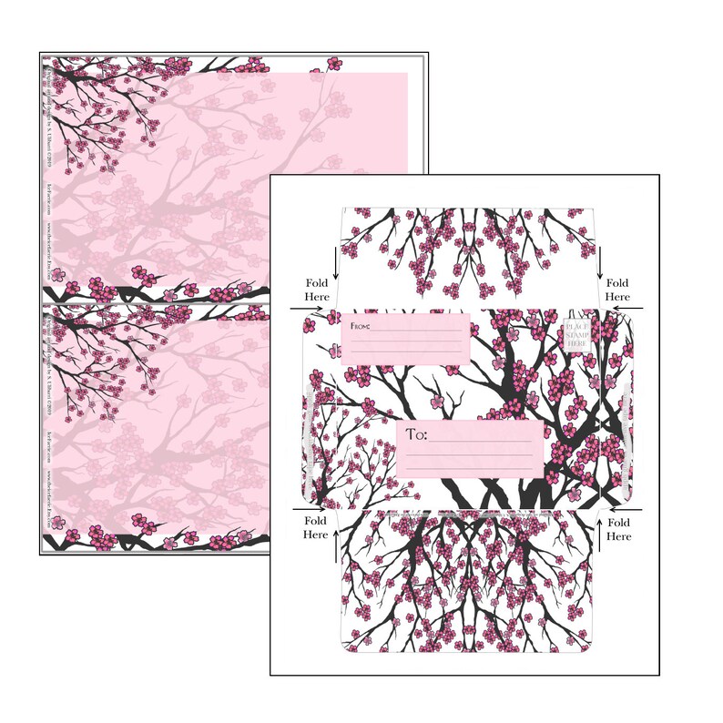 Printable Stationery Digital Download Cherry Tree Stationery and Envelope Set