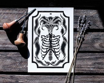 Ribcage Linocut Print A5 | Brugmansia, Angels Trumpet, Botanical, Gothic, Dark Anatomy