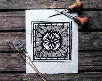 Handmade Linocut Print on Japanese Paper | Gothic, Cathedral, Dark Art