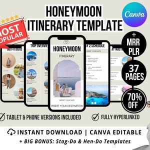 PLR MRR Honeymoon Itinerary Template | Digital Hyperlinked Travel Planner For Couple | Editable Canva Honeymoon Planner| DFY digital product