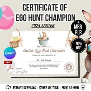 PLR MRR Certificate of Egg Hunt Champion | Kid-Friendly Printable For Family Classroom | Ready-to-Resell Easter-Themed Digital Product | PDF