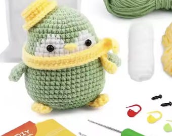 Beginner Crochet Stuffed Animal Kit | DIY Yarn Set for Green Penguin Edition | Handmade Crochet Kit for Beginners