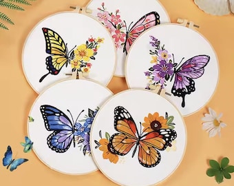 DIY Embroidery Kit Beginner, Butterfly Flower Embroidery Stitch with Bamboo Hoop, Practice Kit for Beginners, DIY Craft Kit