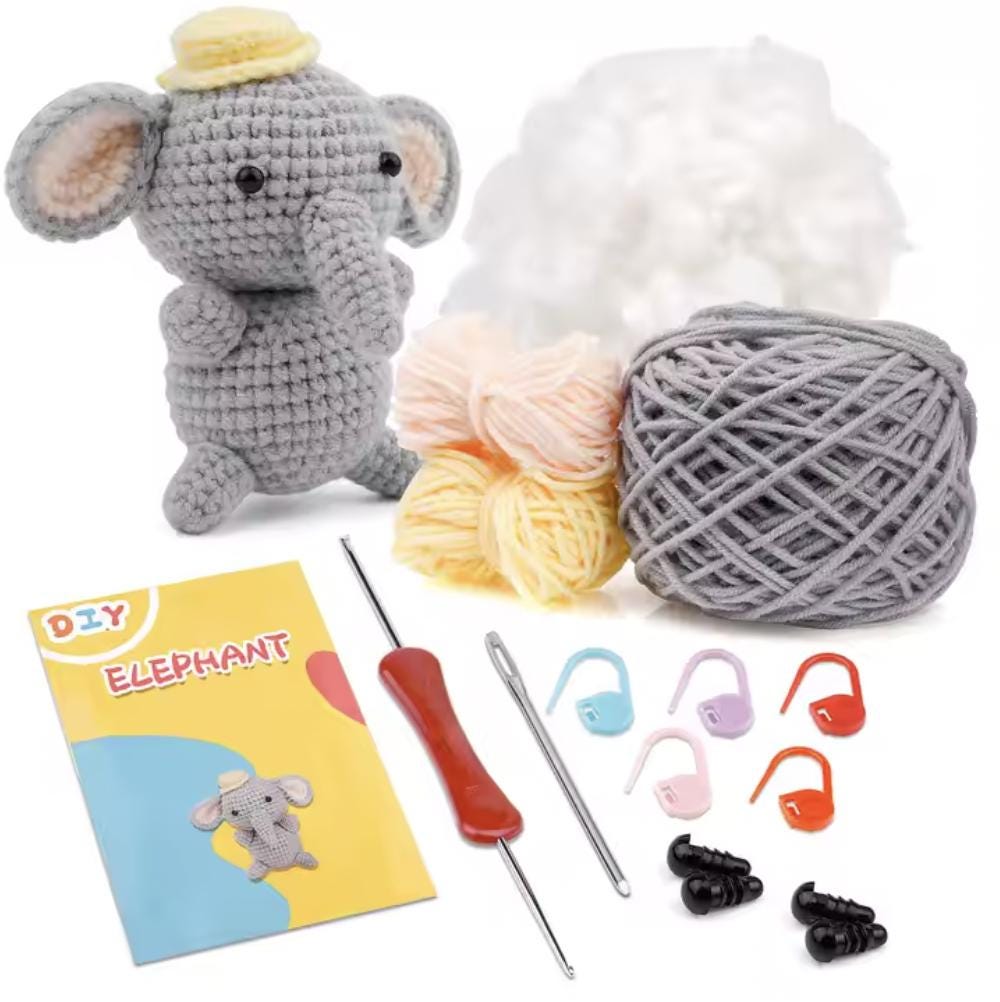 Beginner Crochet Stuffed Animal Kit | DIY Yarn Set for Baby Elephant | Handmade Crochet Kit for Beginners