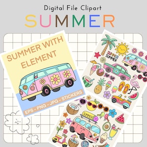 Cute summer with element printable stickers, PNG. Files Kawaii Clipart Commercial, Use Digital Download, Stickers, Planner