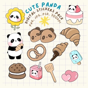 Cute Panda Clipart Bundle, Designs for Animal PNG, Files Kawaii Clipart Commercial, Use Digital Download, Stickers Planner