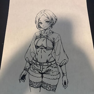 May include: A black and white line art drawing on paper depicting a character with short hair, wearing a cropped top with long sleeves, high-waisted shorts with a belt, and lace-trimmed thigh-high stockings. The character has a gentle expression.