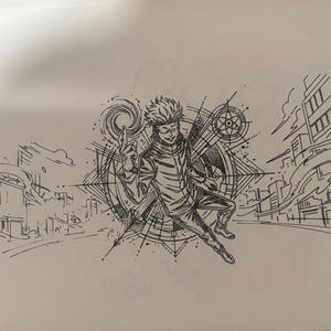 May include: A black and white line art illustration featuring a character with spiky hair and a blindfold, wearing a high-collared jacket and trousers. The figure is surrounded by geometric patterns, swirling energy, and a city skyline background.