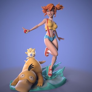 May include: A 3D printed figurine of a female anime character with orange hair, wearing a yellow tank top, blue denim shorts, and red sneakers. She is holding a red and white Poké Ball. The figurine is standing on a green base with a yellow duck-billed Pokémon and a small yellow bird Pokémon.