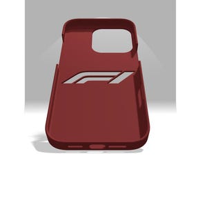 Puede incluir: Una funda de teléfono roja con un logotipo de Fórmula 1 blanco.