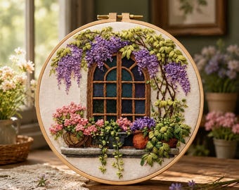 Wisteria Embroidery Kit for Beginners – Floral Window Scene Needlepoint DIY Craft Kit, Romantic Gift