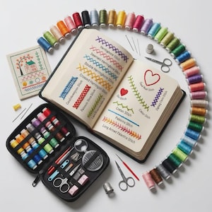 May include: An open notebook displays various embroidery stitches with colorful thread examples. A black sewing kit, scissors, needles, and spools of thread in a rainbow of colors are arranged around the notebook, creating a craft-themed composition.