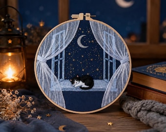 Embroidery Kit – Moon, Stars Night Scene, Beginner DIY Craft, Hand Stitch Home Décor