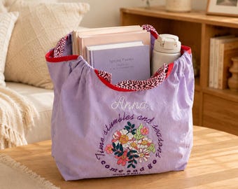 Flower Embroidered Tote Bag for Women – Personalized Name Shoulder Bag, Bridesmaid Gift, Summer Accessory
