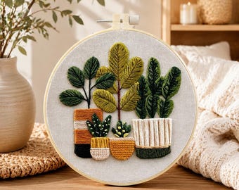 Beginner Potted Plants Embroidery Kit – Floral Wall Decor DIY Craft, Modern Hand Embroidery