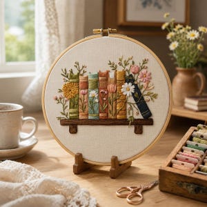 May include: A circular embroidery hoop containing a fabric panel with a hand-stitched design of a wooden shelf holding several colorful books. The books are decorated with embroidered flowers including daisies and pink blossoms, all set in a light beige fabric.