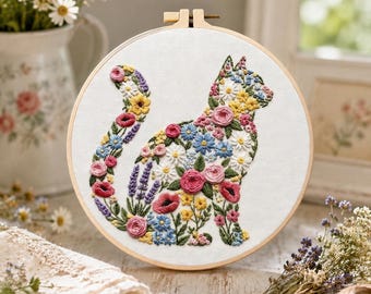 Floral Cat Embroidery Kit – Beginner DIY Hand Stitch Craft, Modern Bouquet Art