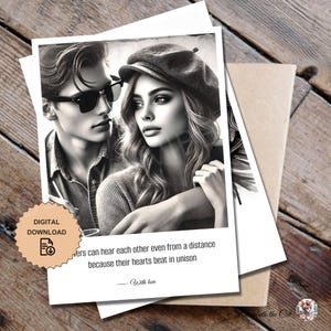 Liefdeskaarten voor hem en haar – 'Hearts Beat in Unison' liefdescitaten voor vriend en vriendin | Afdrukbare schattige Valentijnsdagkaart