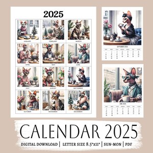Minimalistischer Wandkalender 2025 — Druckbarer PDF-Ästhetikkalender mit monatlichen Katzen und Café Art | Hygge Decor für Sonntag und Montag Start