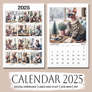2025 illustrierter Kalender zum Ausdrucken — Minimalistischer Wandkalender mit Wochenbeginn am Montag und Sonntag | Gemütliche Katzen und Cafe Kunst, PDF Download