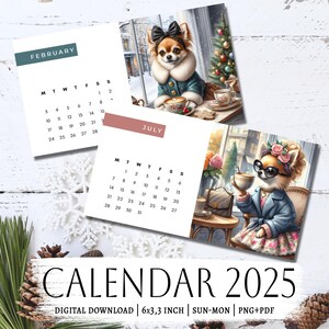Mini Calendário 2025 - Calendário Ilustrado para Amantes de Cães | cartões de calendário de mesa | PDF/PNG imprimível 6 x 3 polegadas | Estética de Cães Aconchegantes e Café