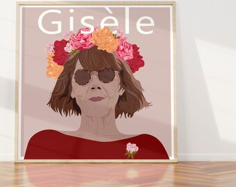May include: A digital illustration of a woman with brown hair wearing a red shirt and a flower crown. The background is a light pink color. The text "Gisèle" is at the top of the image.