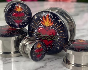 Surgical Steel Gauges – Burning Devotion, Screw-on or Double Flare (Pair), Sacred Heart