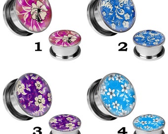 Floral Pattern Picture Plugs gauges - 16g, 14g, 12g, 10g, 8g, 6g, 4g, 2g, 0g, 00g, 1/2, 9/16, 5/8, 3/4, 7/8, 1 inch,28mm, 32mm, 35mm, 38mm