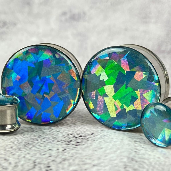 Aqua Prism Holographic Color Shift Double Flare Resin Plugs (MTO-068) 00g, 1/2", 9/16", 5/8", 3/4", 7/8", 1", 28mm, 30mm, 32mm,35mm