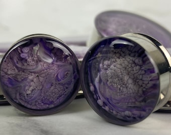 Pair of Purple Ink Swirl Resin Plugs (RP-208) 3/4, 7/8, 1 inch, 28mm, 32mm, 35mm, 38mm