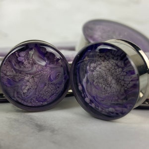 Pair of Purple Ink Swirl Resin Plugs (RP-208) 3/4, 7/8, 1 inch, 28mm, 32mm, 35mm, 38mm