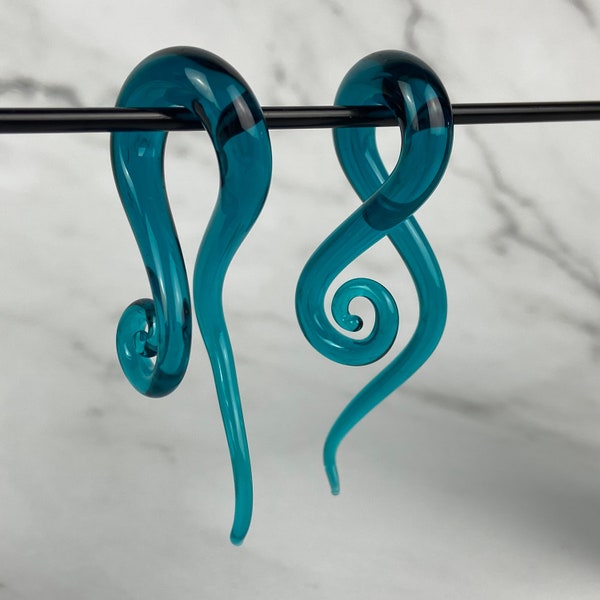Teal Glass Curled Wave Hangers (PG-606) - 2g, 0g, 00g, 1/2", 9/16", 5/8" plugs gauges