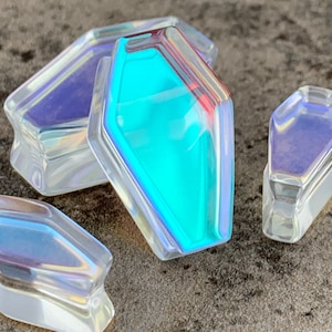 Aurora Borealis Iridescent Glass Coffin Shaped Plugs (PG-558) gauges - 2g, 0g, 00g, 1/2", 9/16", 5/8", 3/4", 7/8" 1".