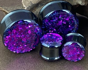 Black Steel Double Flare Plugs with Purple Chunky Glitter (MTO-041) 00g, 1/2", 9/16", 5/8", 3/4", 7/8", 1", 28mm, 30mm, 32mm,35mm, 38mm