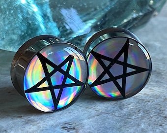 Pentagram Holographic Double Flare Picture Plugs (MTO-063) 00g, 1/2", 9/16", 5/8", 3/4", 7/8", 1", 28mm, 32mm, 35mm, 38mm, 42mm, 45mm