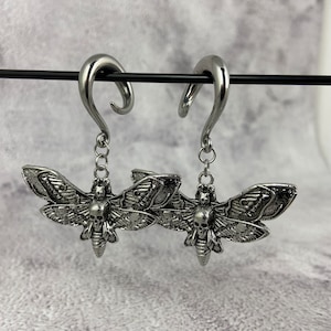 316L Steel Ear Hooks with Death Moth Dangle (PS-304) - 6g, 2g, 0g, 00g ear weights