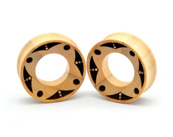 Pair Laser Engraved Tribal Crescents Wood Tunnels (PW-287) - Sold as a Pair - 5/8, 3/4, 7/8, 1 inch plugs gauges