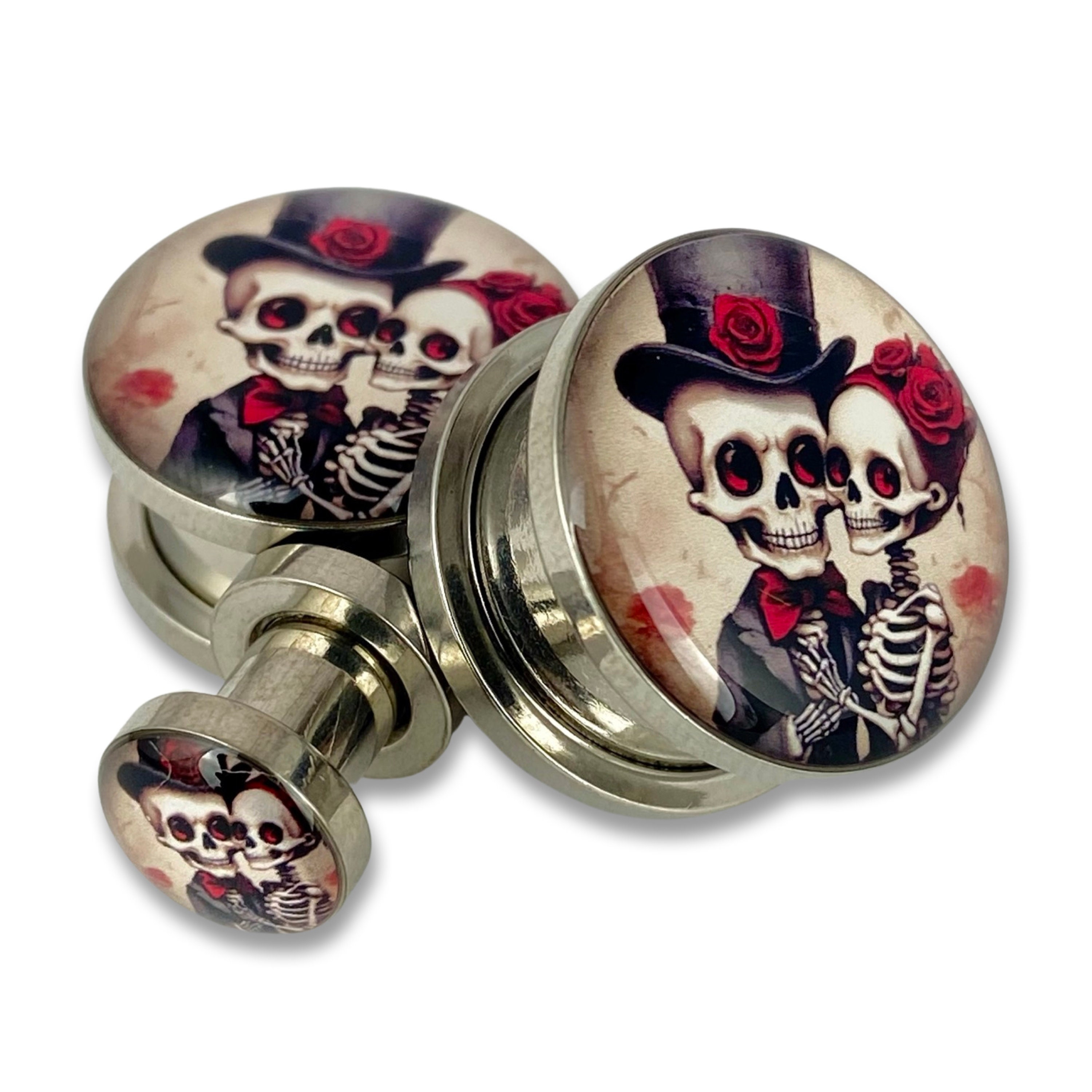 Victorian Skeleton Style 2 Picture Plugs gauges - 12g, 10g, 8g, 6g, 4g, 2g, 0g, 00g, 1/2, 9/16, 5/8, 3/4, 7/8, 1 inch,28mm, 32mm, 35mm, 38mm