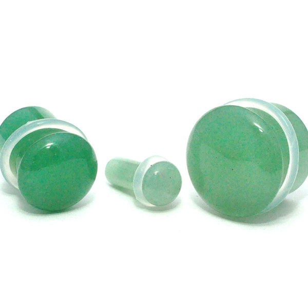 Green Aventurine Single Flare Plugs with clear O-ring (STN-689) - 6g, 4g, 2g, 0g, 00g,  1/2", 9/16",  5/8"