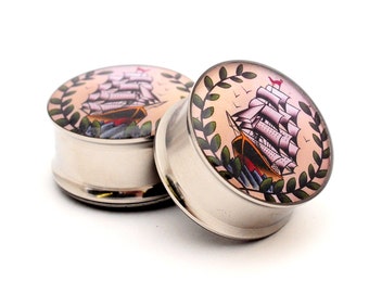 Pirate Ship Picture Plugs gauges - 16g, 14g, 12g, 10g, 8g, 6g, 4g, 2g, 0g, 00g, 1/2, 9/16, 5/8, 3/4, 7/8, 1 inch