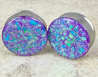 Embedded Atomic Lavender/Aqua Glitter Double Flare Resin Plugs (EMB-027) 00g, 1/2", 9/16", 5/8", 3/4", 7/8", 1", 28mm, 32mm,35mm, 38mm, 42mm