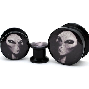 Limited Stock and Huge Discount Black Acrylic Alien Picture Plugs (BA-103) gauges - 8g, 6g, 4g, 2g, 0g, 00g, 7/16, 1/2, 9/16, 5/8, 3/4
