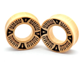 Pair Laser Engraved Goddess Sunburst Wood Tunnels (PW-288) - Sold as a Pair - 5/8, 3/4, 7/8, 1 inch plugs gauges