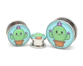 Cute Cactus Picture Plugs gauges - 16g, 14g, 12g, 10g, 8g, 6g, 4g, 2g, 0g, 00g, 1/2, 9/16, 5/8, 3/4, 7/8, 1 inch