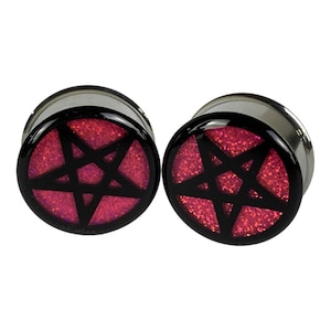 Pair of Pink Holographic Pentagram Glitter Plugs (MTO-030) 00g, 1/2", 9/16", 5/8", 3/4", 7/8", 1", 28mm, 30mm, 32mm,35mm,38mm,42mm,45mm,47mm